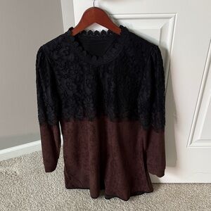 Source Unknown Black Lace Overlay Brown Suede Look Tunic